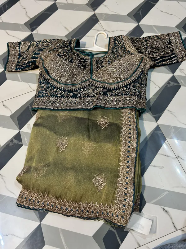 Olive_Green_Golden_Saree_With_Heavy_Work_And_Peacock_Blue_Blouse