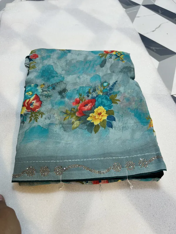 Turquoise_Blue_Floral_Print_Dola_Silk_Saree_With_Embellished_Border