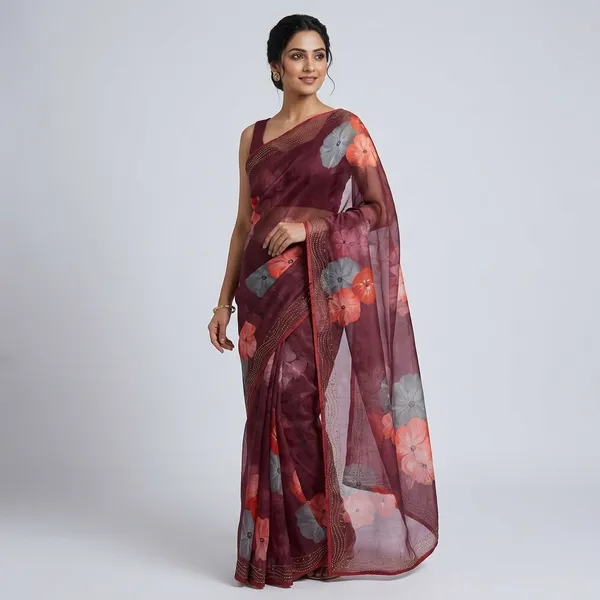 Maroon_Embellished_Chiffon_Saree_With_Floral_Embroidery_Dupatta