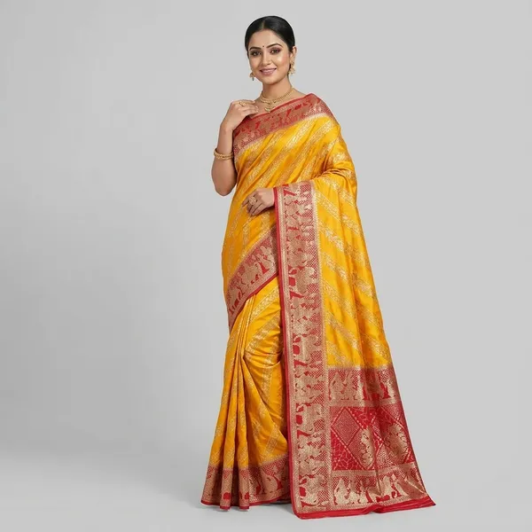 Red_And_Yellow_Traditional_Dola_Silk_Saree_With_Dupatta_And_Zari_Border