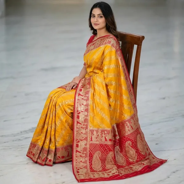 Red_And_Yellow_Traditional_Dola_Silk_Saree_With_Dupatta_And_Zari_Border