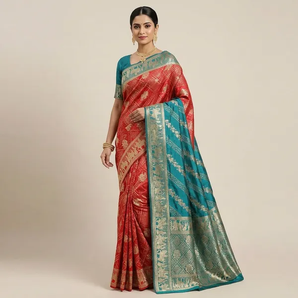 Red_And_Teal_Blue_Dola_Silk_Saree_With_Dupatta_And_Golden_Border