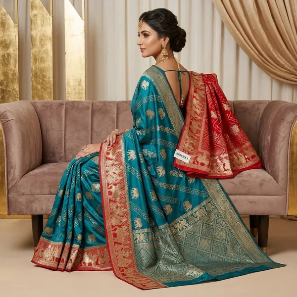 Red_And_Teal_Blue_Dola_Silk_Saree_With_Dupatta_And_Golden_Border