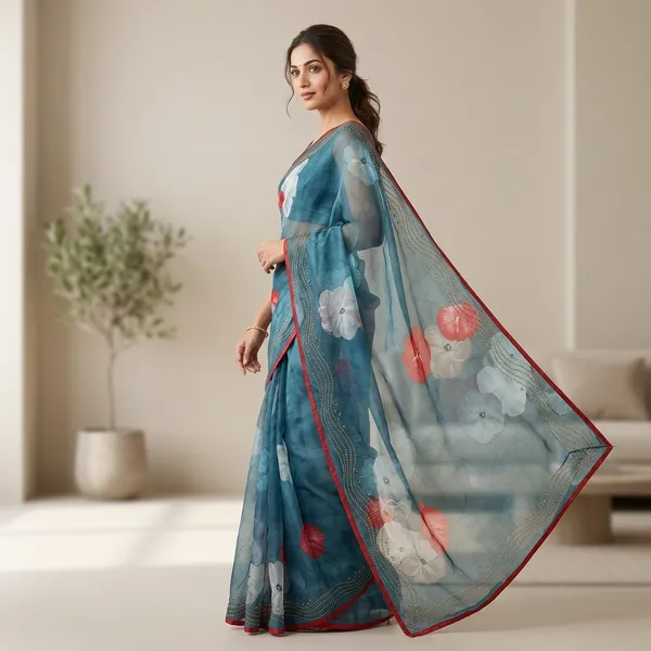 Blue_Floral_Embroidered_Weightless_Saree_With_Red_Border