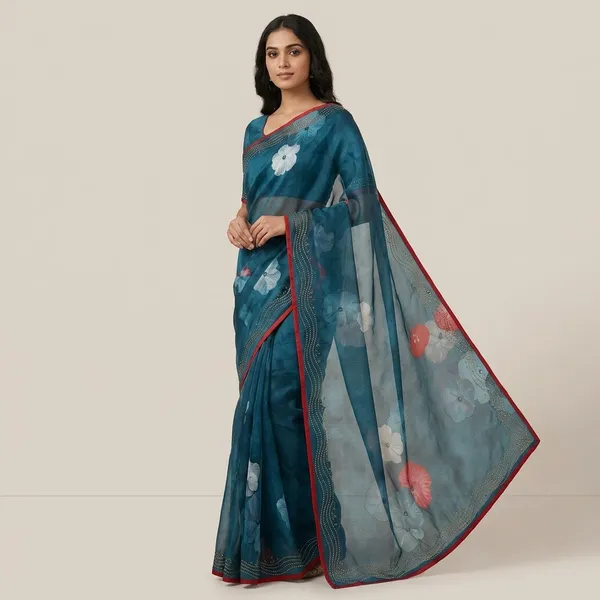 Blue_Floral_Embroidered_Weightless_Saree_With_Red_Border