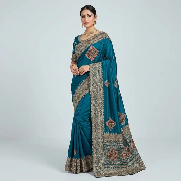 Traditional_Frendy_Satin_Saree_With_Gold_And_Blue_Threadwork