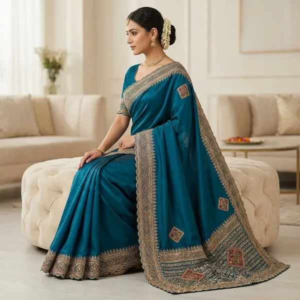 Traditional_Frendy_Satin_Saree_With_Gold_And_Blue_Threadwork