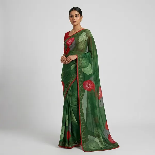 Green_Floral_Embellished_Chiffon_Saree_With_Red_Border