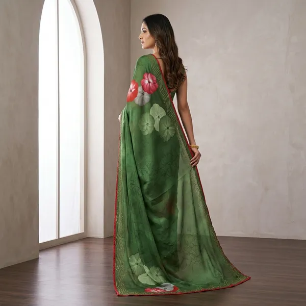 Green_Floral_Embellished_Chiffon_Saree_With_Red_Border