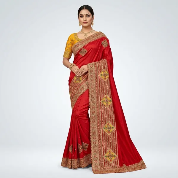 Red_Bridal_Fendy_Satin_Saree_With_Gold_Zari_Work_And_Yellow_Contrast_Blouse