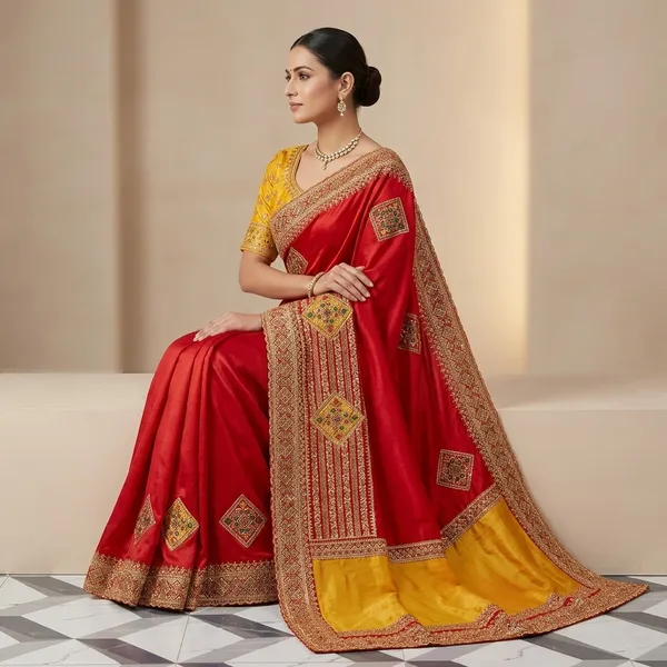 Red_Bridal_Fendy_Satin_Saree_With_Gold_Zari_Work_And_Yellow_Contrast_Blouse