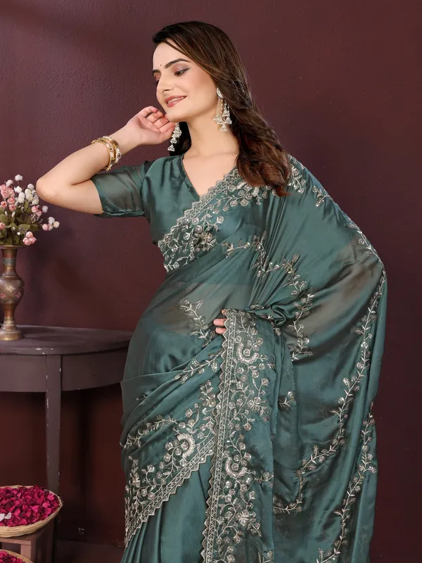 Teal_Silk_Blend_Saree_For_Women
