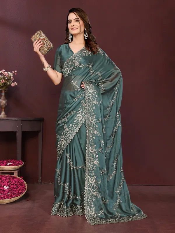 Teal_Silk_Blend_Saree_For_Women