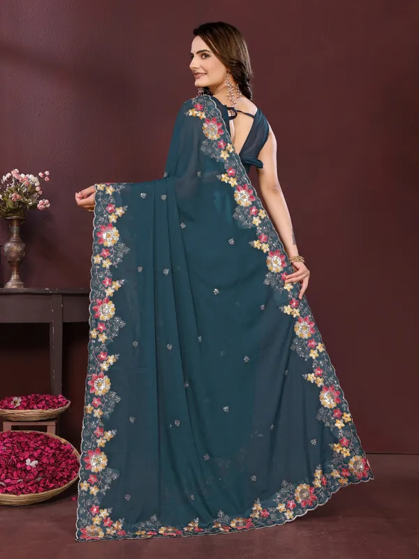 Teal_Poly_Georgette_Saree_For_Women