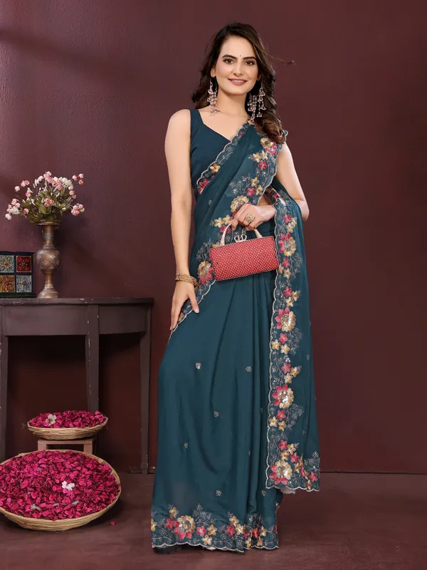 Teal_Poly_Georgette_Saree_For_Women