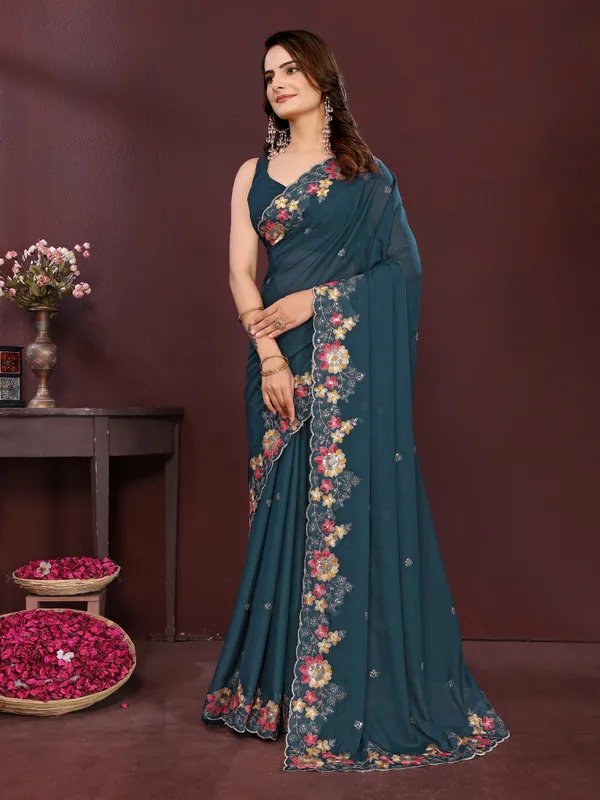 Teal_Poly_Georgette_Saree_For_Women