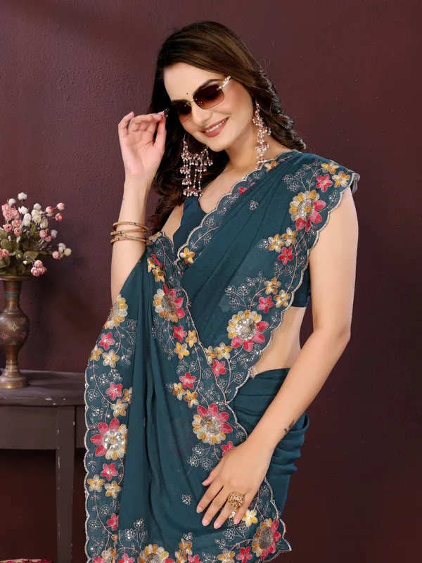Teal_Poly_Georgette_Saree_For_Women