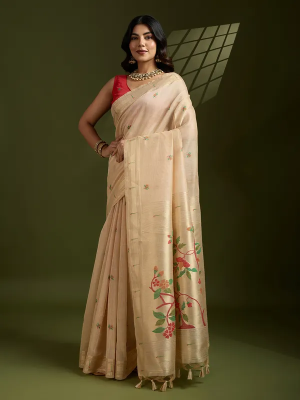 Cream_Pure_Cotton_Saree_For_Women