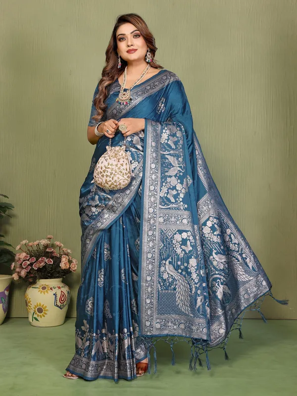 Teal_Satin_Saree_For_Women