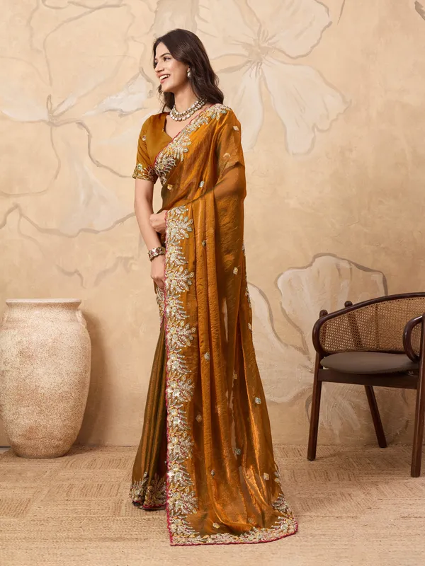 Gold_Toned_Pure_Chiffon_Saree_For_Women