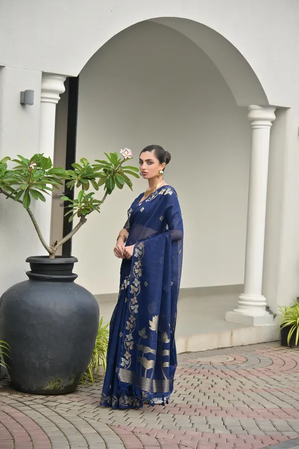 Navy_Blue_Jute_Silk_Saree_For_Women