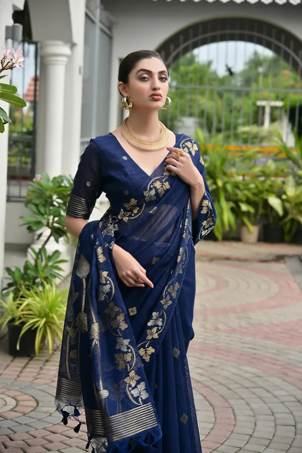 Navy_Blue_Jute_Silk_Saree_For_Women