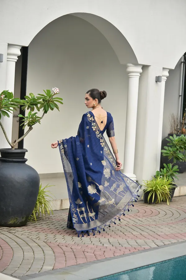 Navy_Blue_Jute_Silk_Saree_For_Women