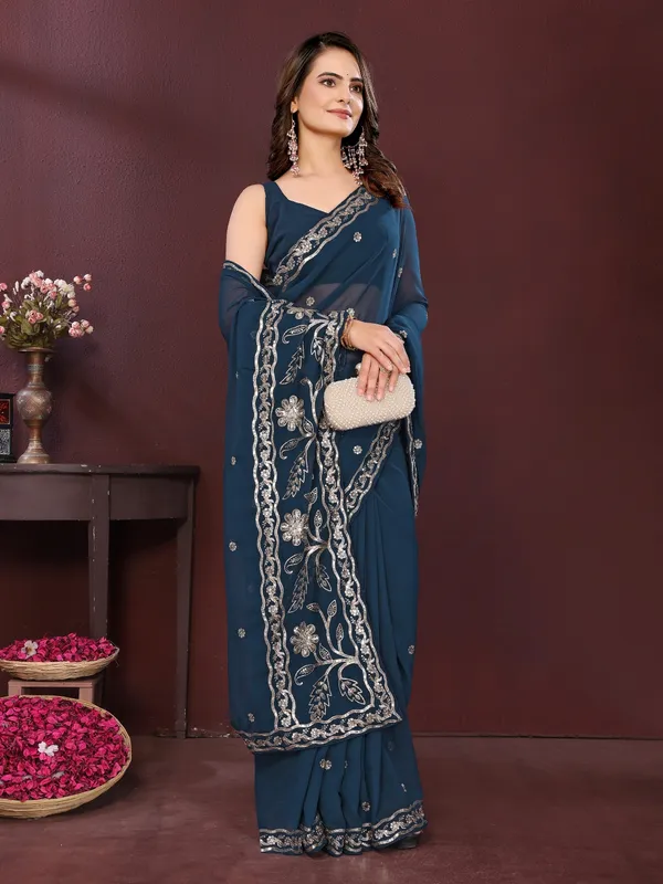 Blue_Poly_Georgette_Saree_For_Women
