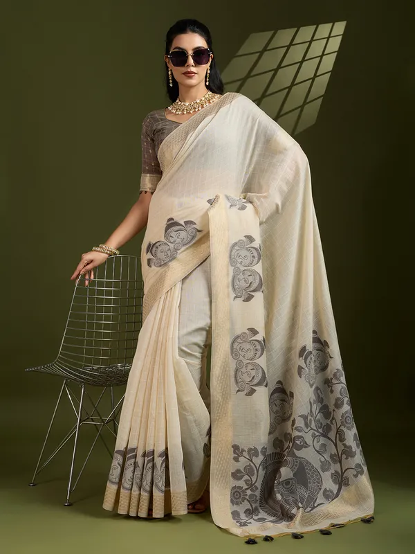 Off_White_And_Grey_Pure_Cotton_Saree_For_Women