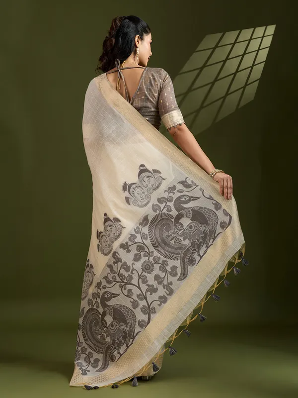 Off_White_And_Grey_Pure_Cotton_Saree_For_Women