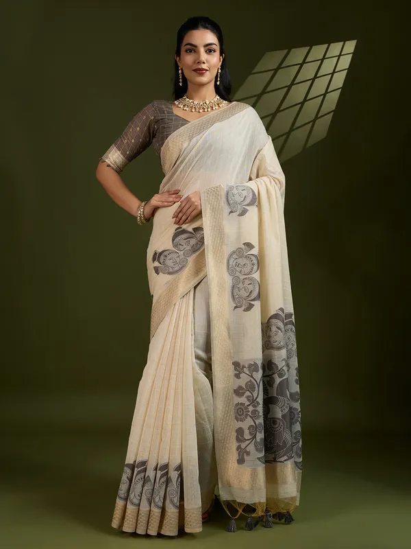 Off_White_And_Grey_Pure_Cotton_Saree_For_Women