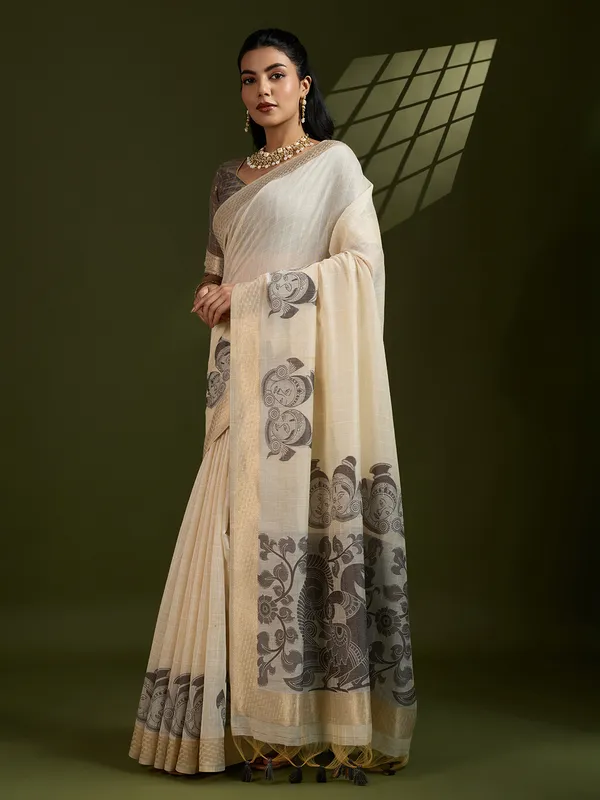 Off_White_And_Grey_Pure_Cotton_Saree_For_Women