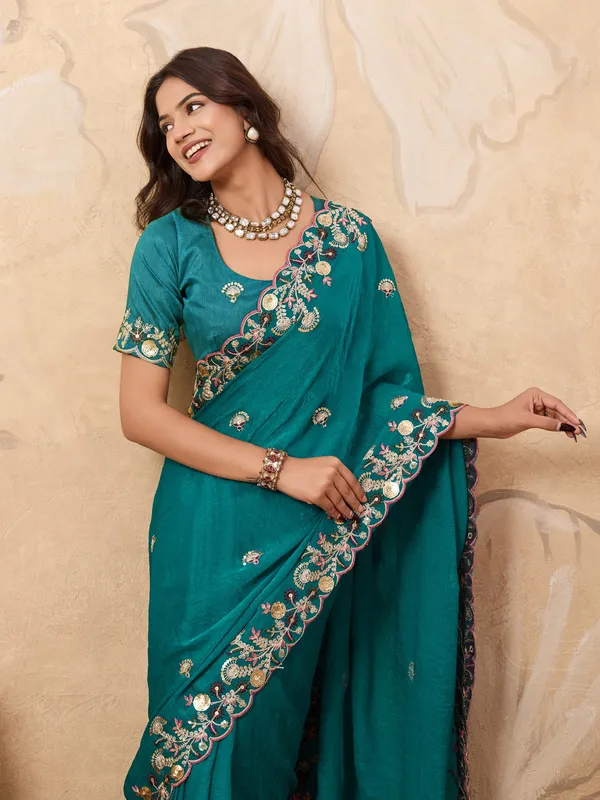 Teal_Pure_Chiffon_Saree_For_Women