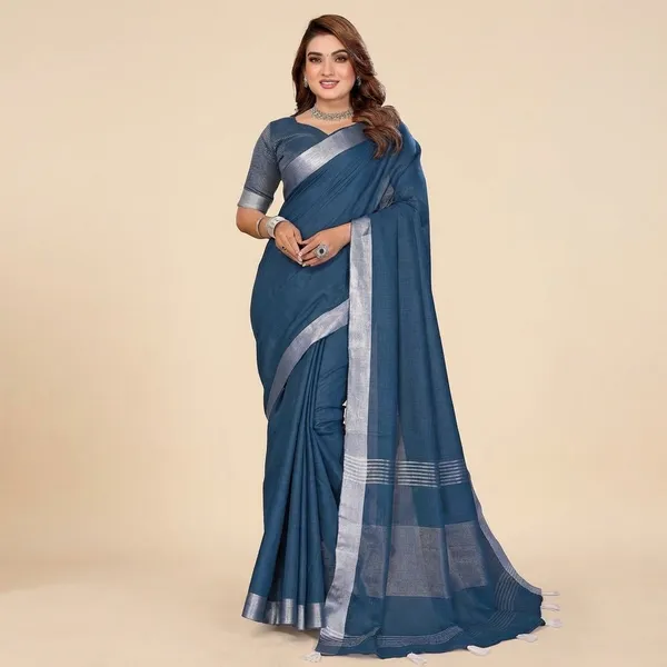 Blue_Linen_Blend_Saree_For_Women