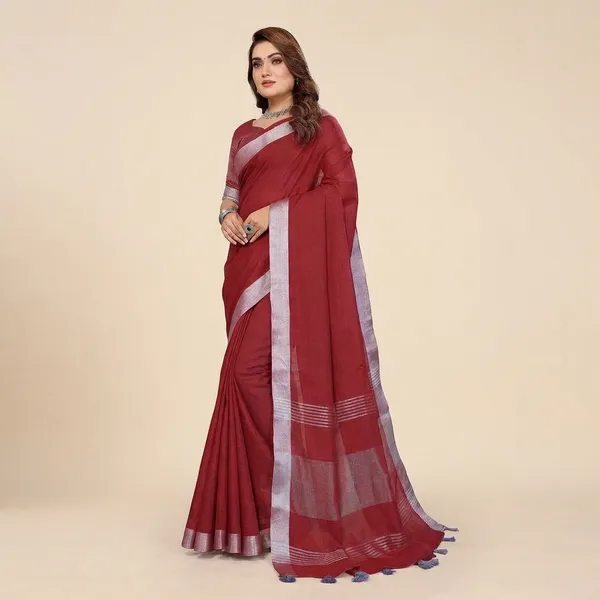 Red_Linen_Blend_Saree_For_Women