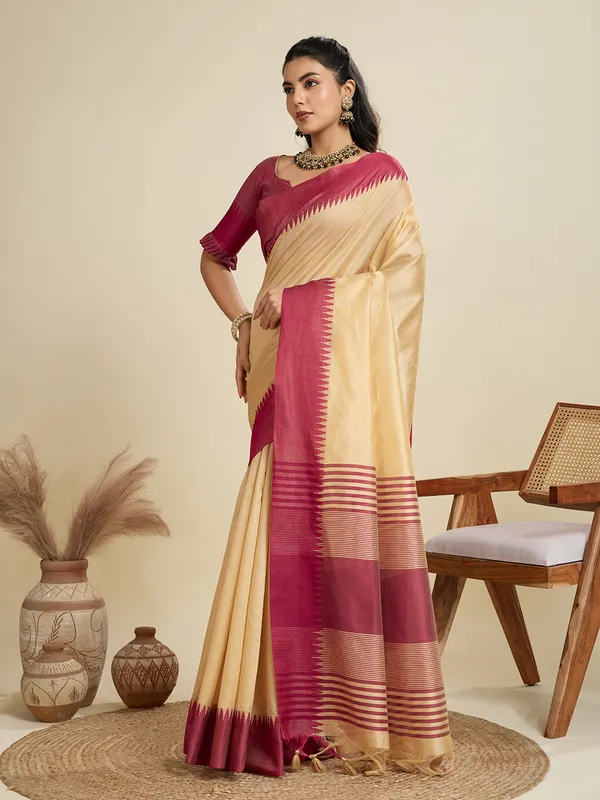 Cream_Silk_Blend_Saree_For_Women