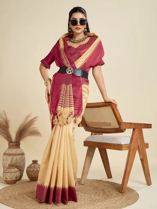 Cream_Silk_Blend_Saree_For_Women