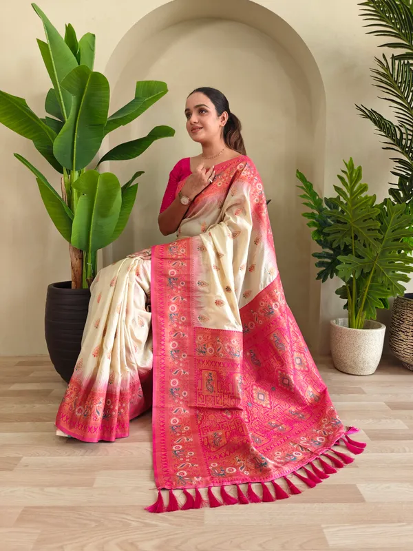 Off_White_And_Pink_Art_Silk_Saree_For_Women