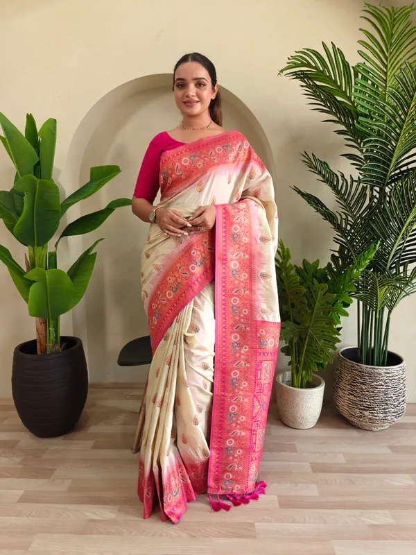 Off_White_And_Pink_Art_Silk_Saree_For_Women