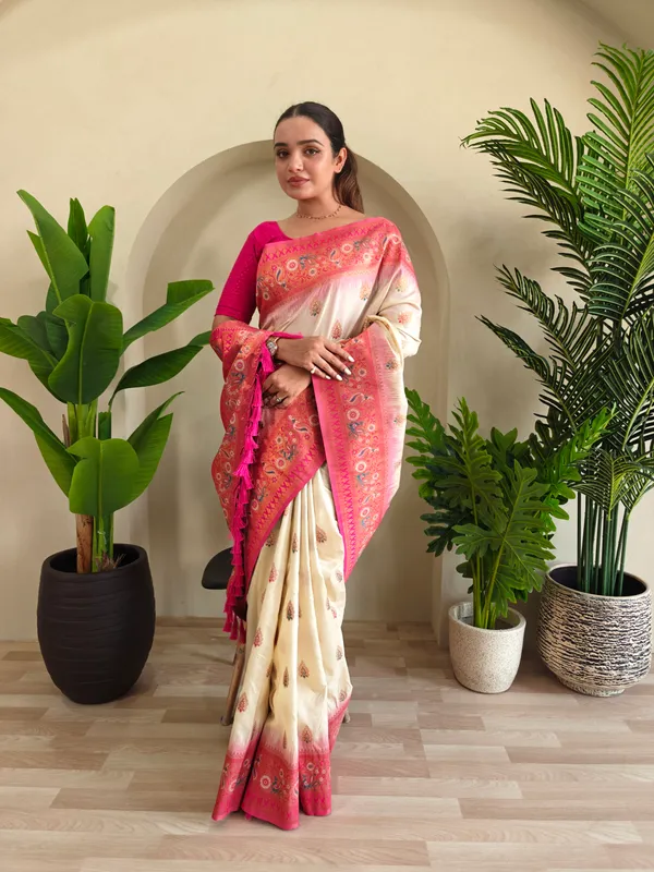 Off_White_And_Pink_Art_Silk_Saree_For_Women