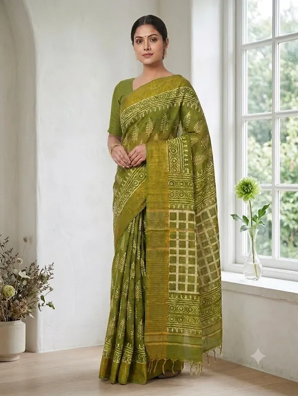Mehendi_Green_Chanderi_Hand_Block_Printed_Saree_with_Blouse_Fabric