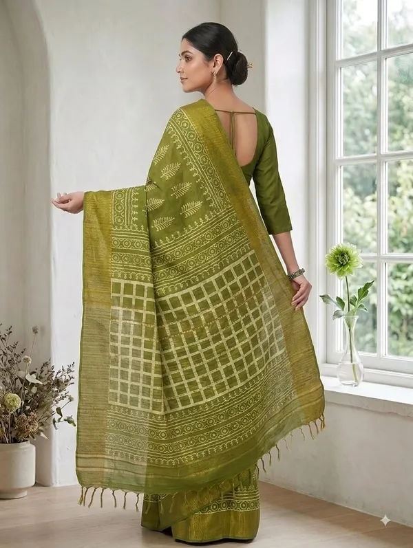 Mehendi_Green_Chanderi_Hand_Block_Printed_Saree_with_Blouse_Fabric