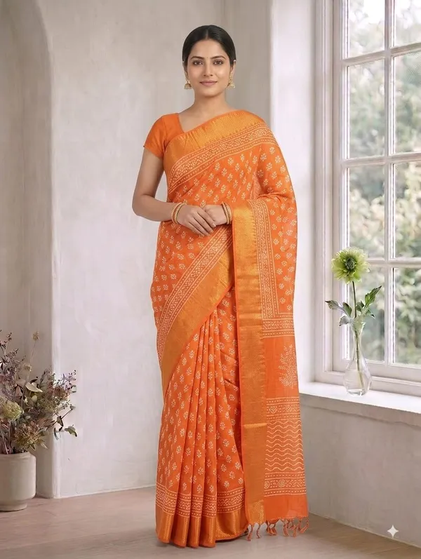 Orange_Chanderi_Hand_Block_Printed_Saree_with_Blouse_Fabric