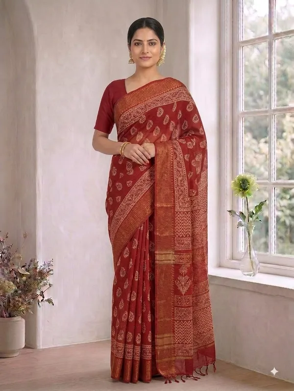 Maroon_Chanderi_Hand_Block_Printed_Saree_with_Blouse_Fabric
