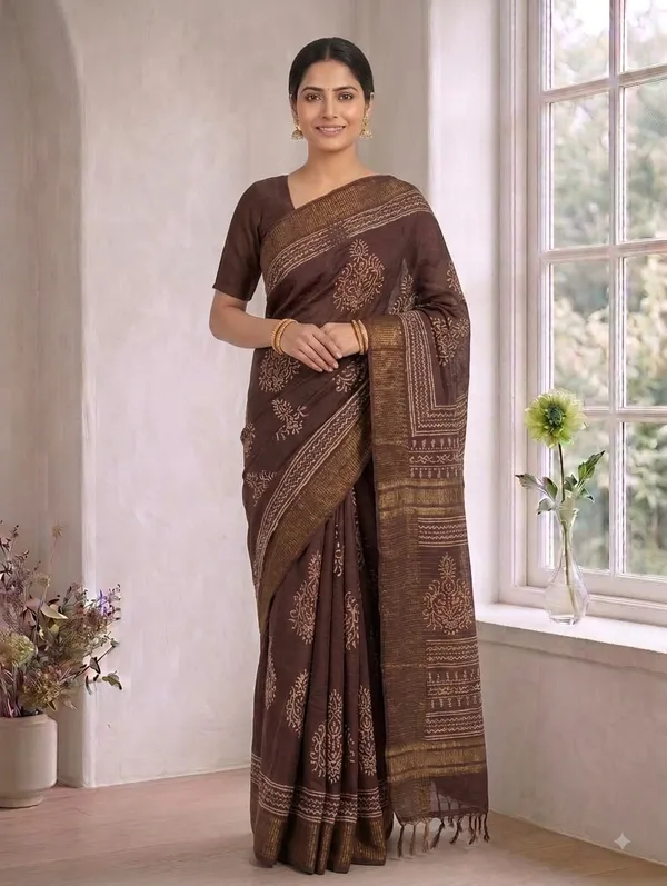 Brown_Chanderi_Hand_Block_Printed_Saree_with_Blouse_Fabric