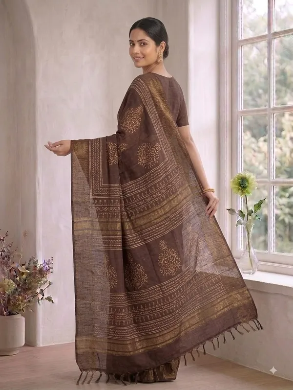 Brown_Chanderi_Hand_Block_Printed_Saree_with_Blouse_Fabric
