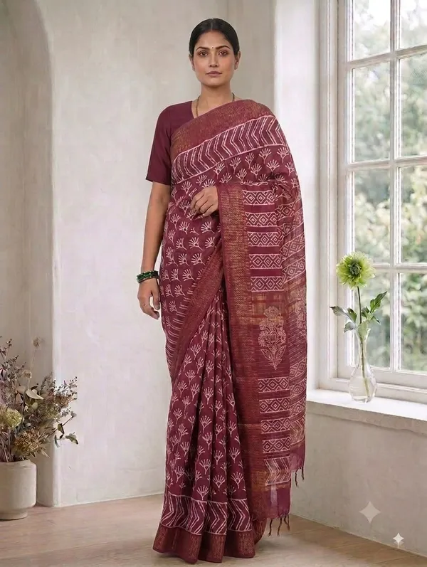 Wine_Chanderi_Hand_Block_Printed_Saree_with_Blouse_Fabric