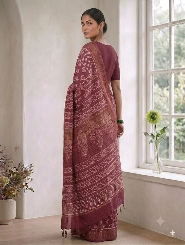 Wine_Chanderi_Hand_Block_Printed_Saree_with_Blouse_Fabric