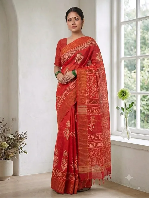 Red_Chanderi_Hand_Block_Printed_Saree_with_Blouse_Fabric