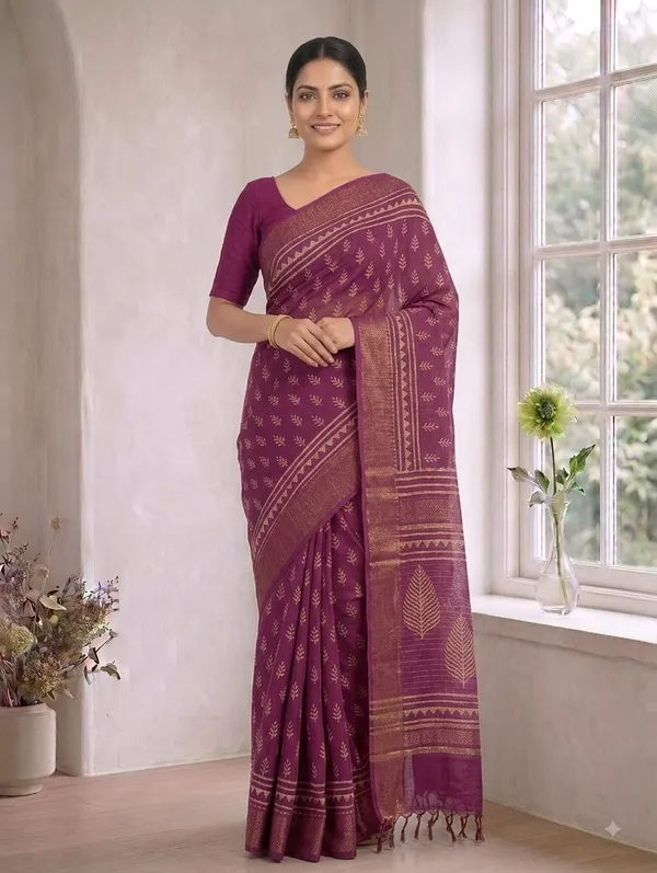 Plum_Chanderi_Hand_Block_Printed_Saree_with_Blouse_Fabric